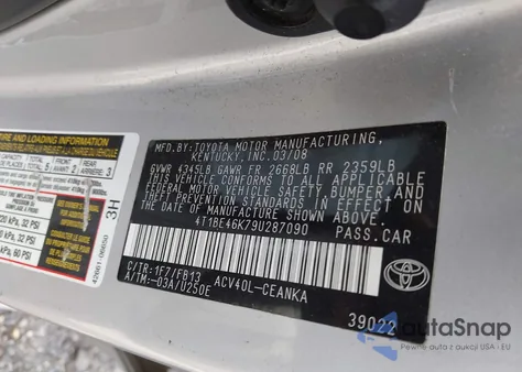 2009 Toyota Camry Le from USA, damaged, VIN 4T1BE46K79U287090